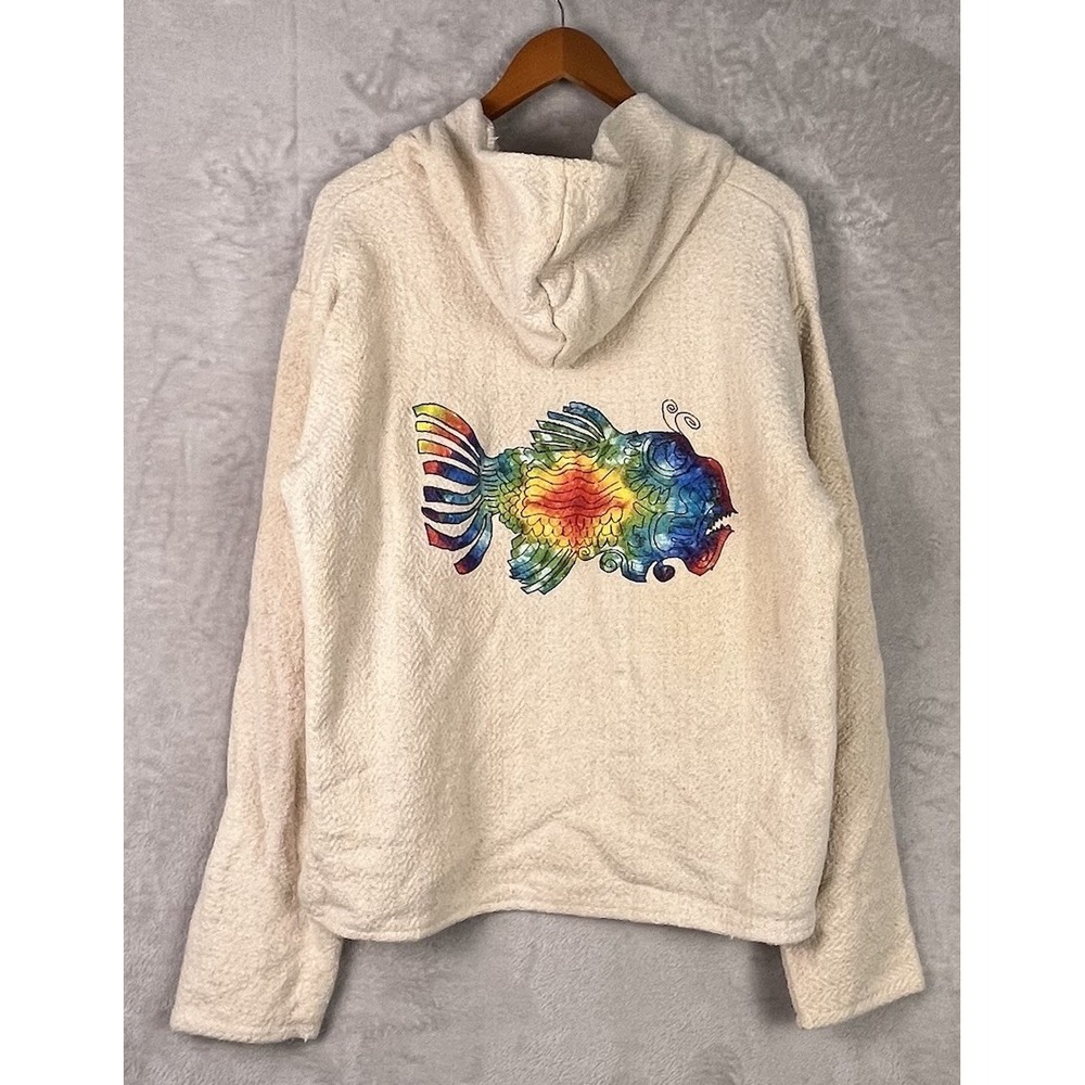 Jerry Garcia Fish Hoodie Earth Ragz L Beige Baja Hooded Pullover Hippie Boho Jam